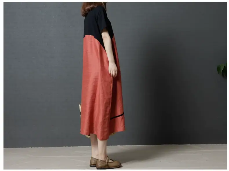 Summer Loose Cotton Linen Round Neck Dress Plus Size — feature 7