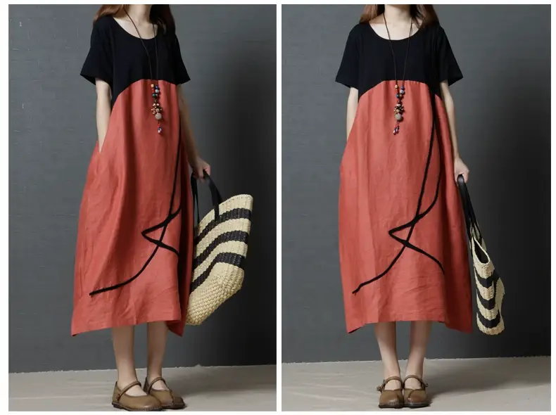 Summer Loose Cotton Linen Round Neck Dress Plus Size — feature 8