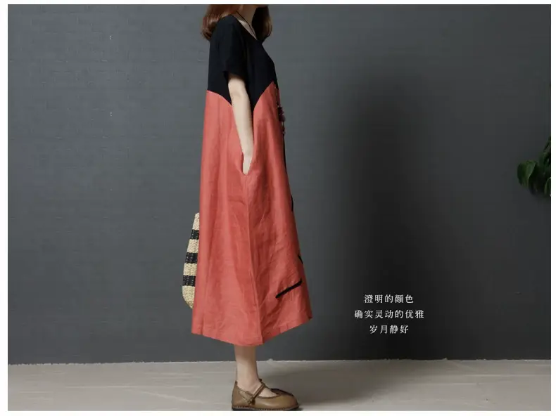 Summer Loose Cotton Linen Round Neck Dress Plus Size — feature 9