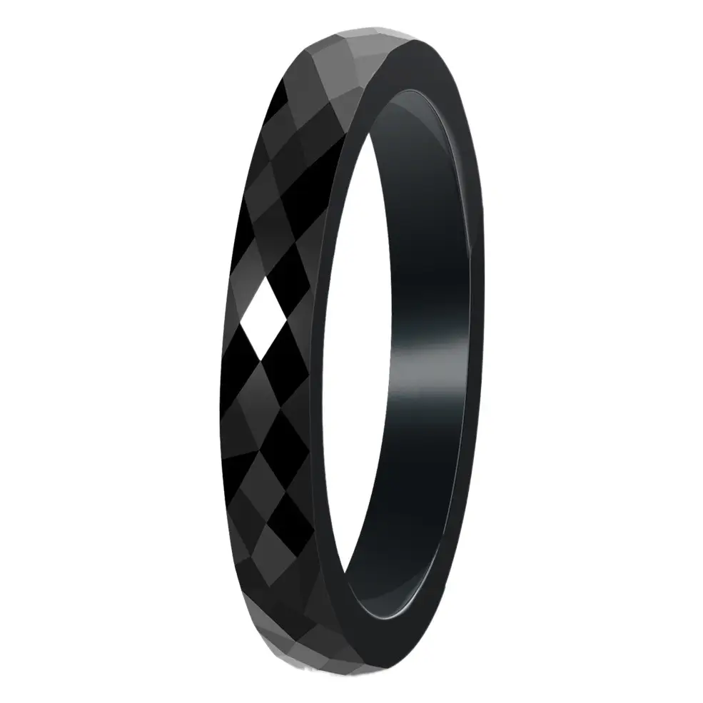Ceramic Ring Black White 3mm Faceted Rhombus