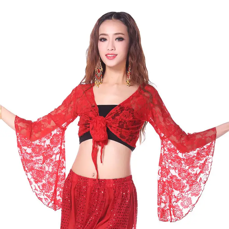 Red Lace Belly Dance Top with Bell Sleeves - Image 3