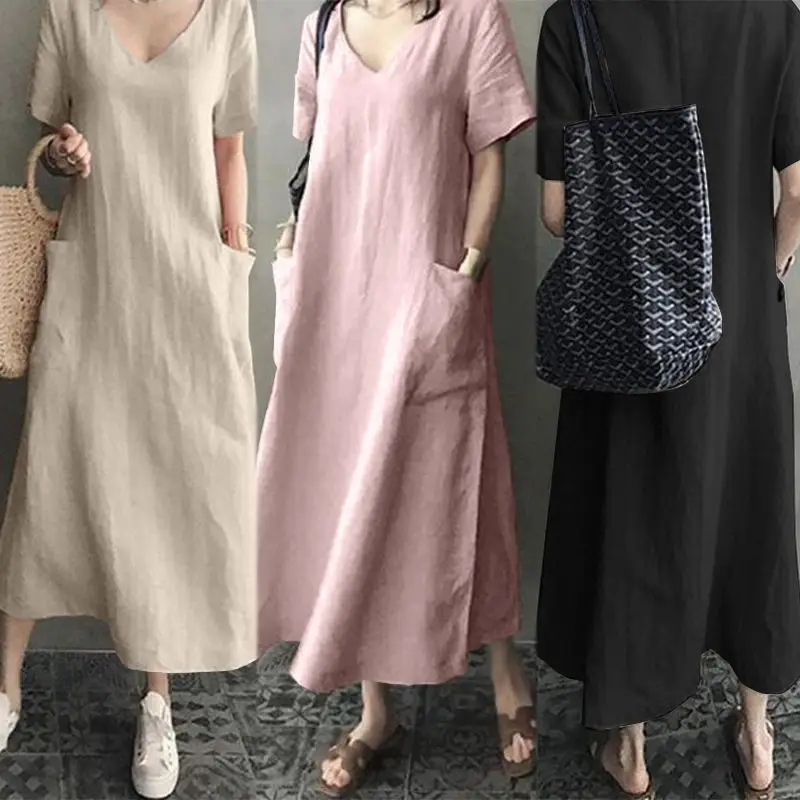 2026 V-Neck Linen Dress Loose Plus Size Black - Image 4