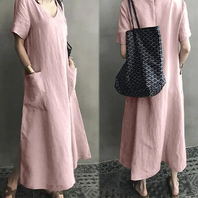 2026 V-Neck Linen Dress Loose Plus Size Black - Image 2