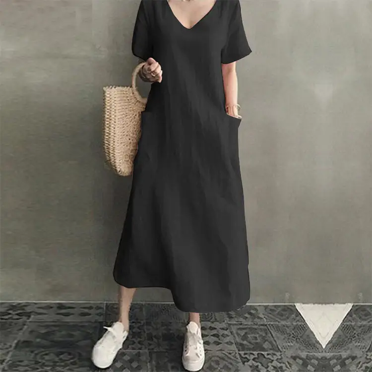 2026 V-Neck Linen Dress Loose Plus Size Black - Image 3