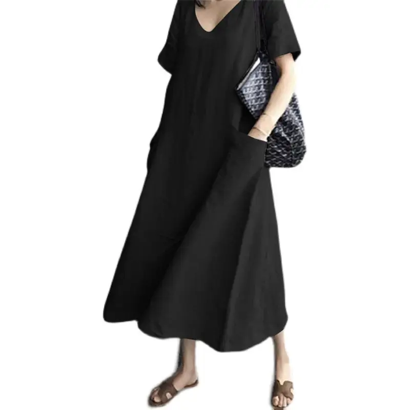 2026 V-Neck Linen Dress Loose Plus Size Black - Image 5