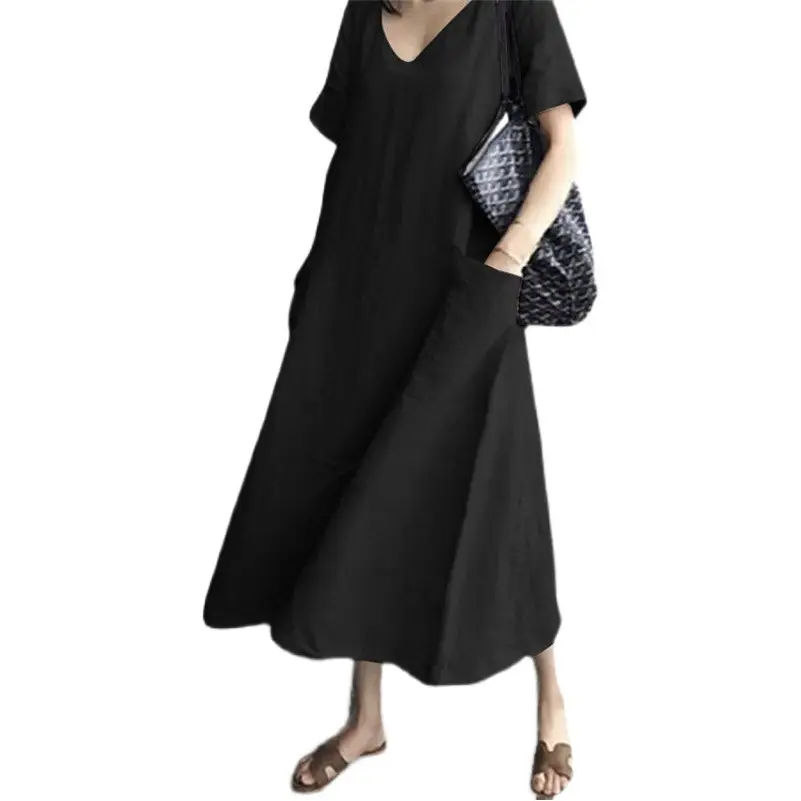 2026 V-Neck Linen Dress Loose Plus Size Black