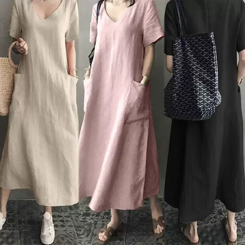 2026 V-Neck Linen Dress Loose Plus Size Black — feature 1