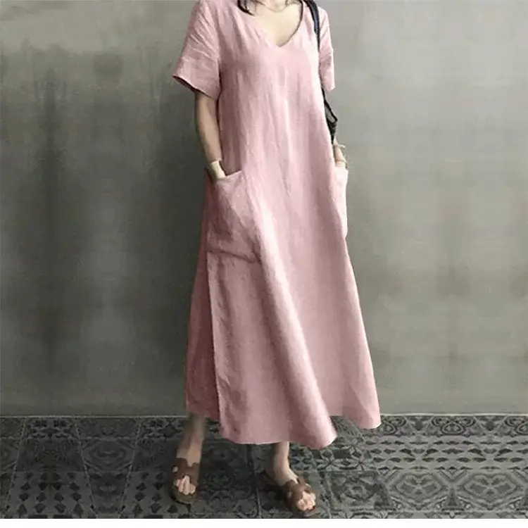 2026 V-Neck Linen Dress Loose Plus Size Black — feature 12