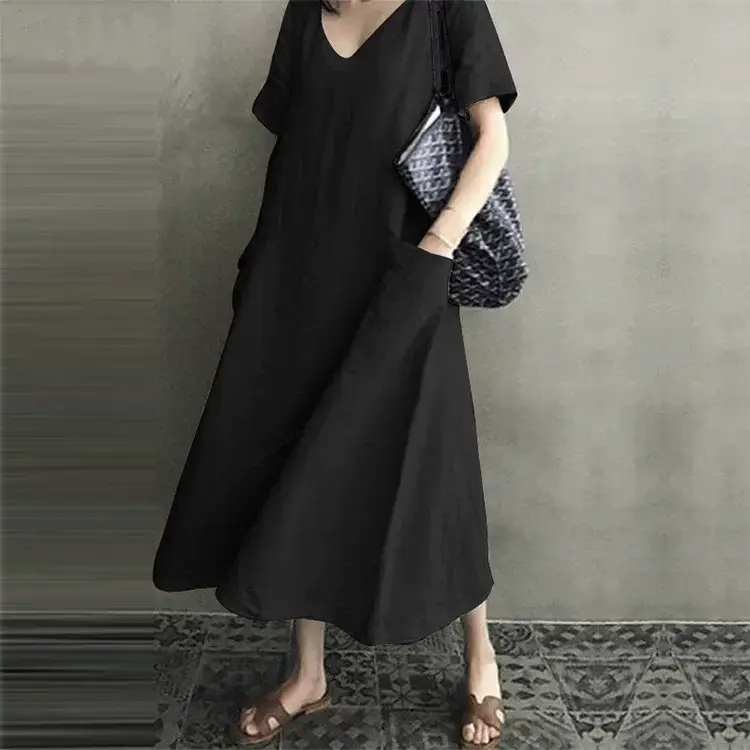 2026 V-Neck Linen Dress Loose Plus Size Black — feature 14