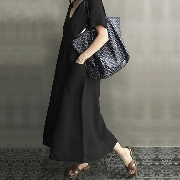 2026 V-Neck Linen Dress Loose Plus Size Black — feature 15