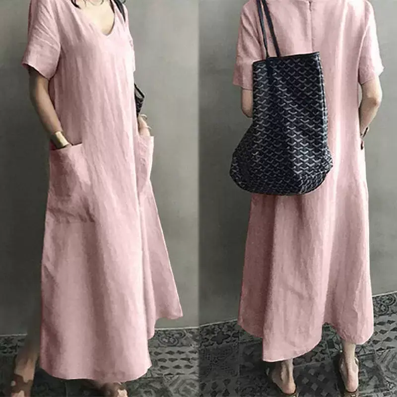 2026 V-Neck Linen Dress Loose Plus Size Black — feature 2