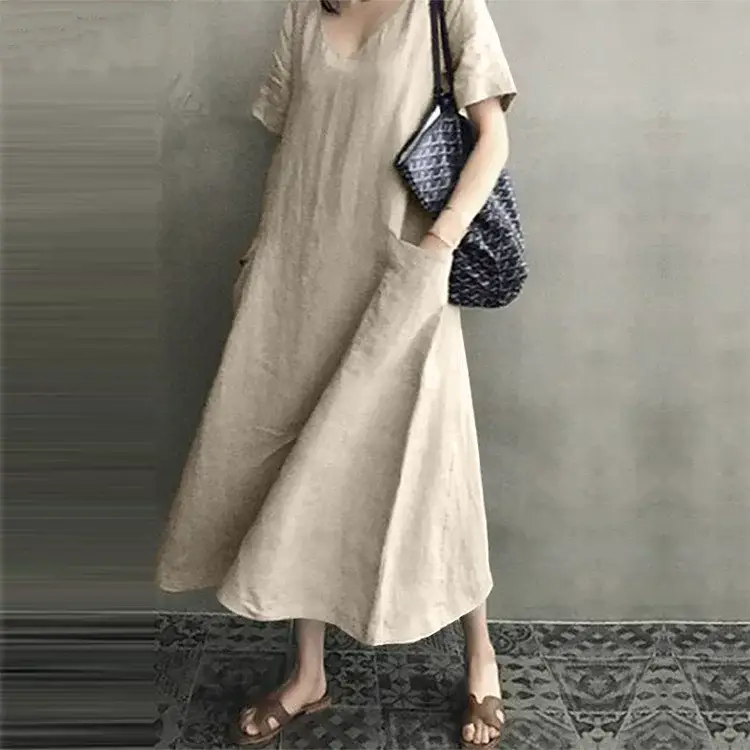 2026 V-Neck Linen Dress Loose Plus Size Black — feature 6