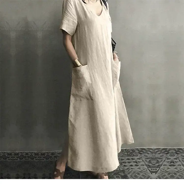 2026 V-Neck Linen Dress Loose Plus Size Black — feature 8
