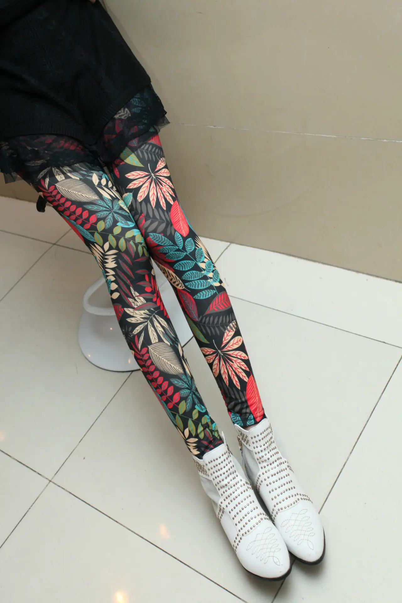 Tropical Rainforest Printed Stretch Leggings Milk Silk Maple Leaf