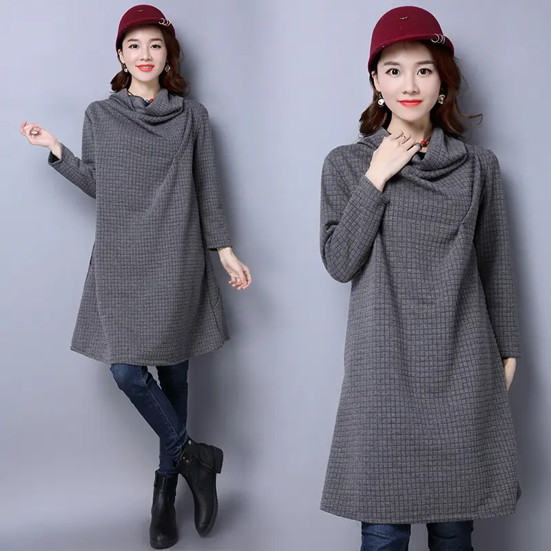 2024 Korean Style Women's Teal Midi Dress with Pile Collar - Image 2