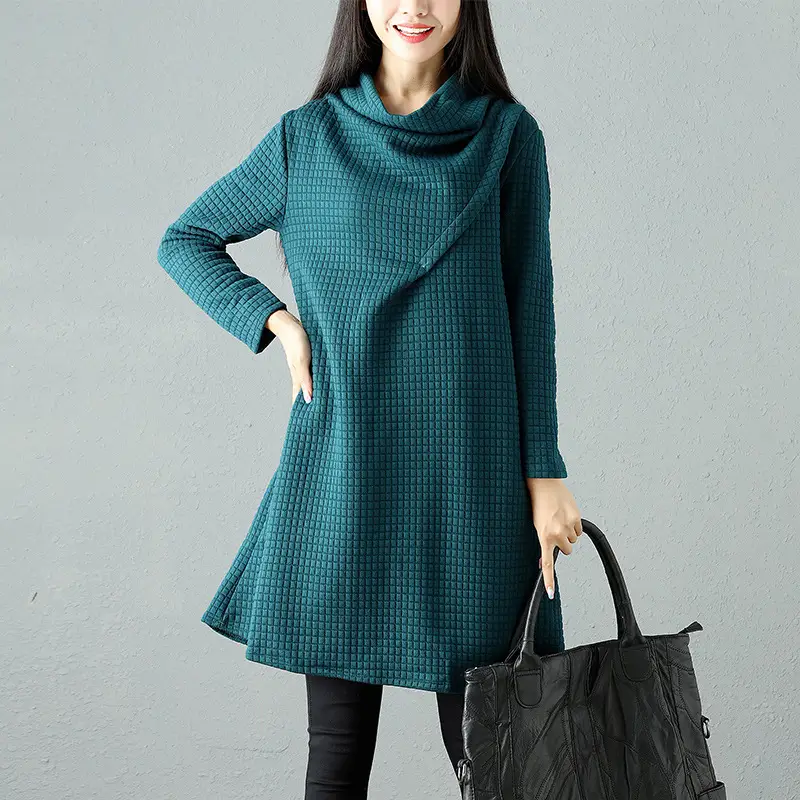 2024 Korean Style Women's Teal Midi Dress with Pile Collar - Image 3