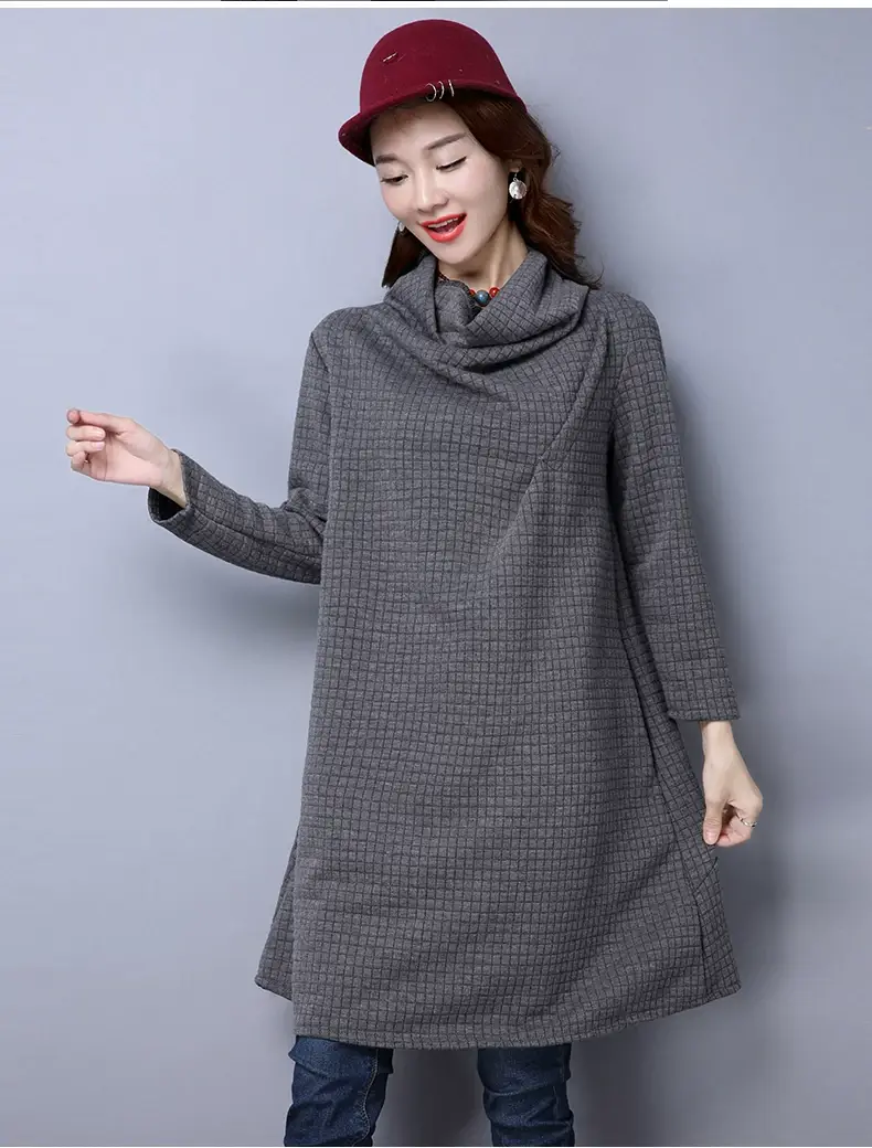 2024 Korean Style Women's Teal Midi Dress with Pile Collar — feature 13