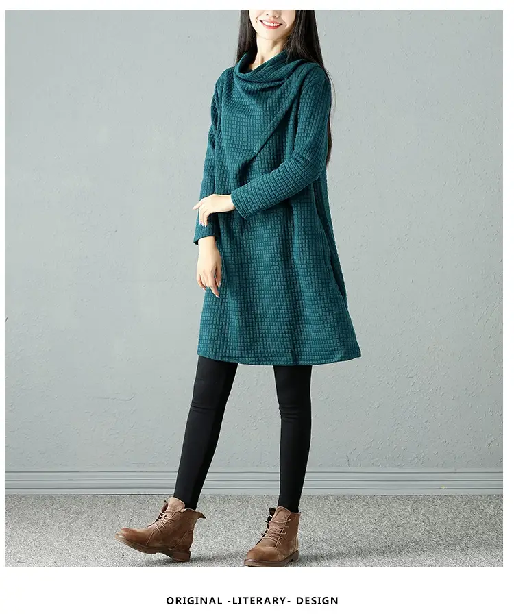 2024 Korean Style Women's Teal Midi Dress with Pile Collar — feature 19