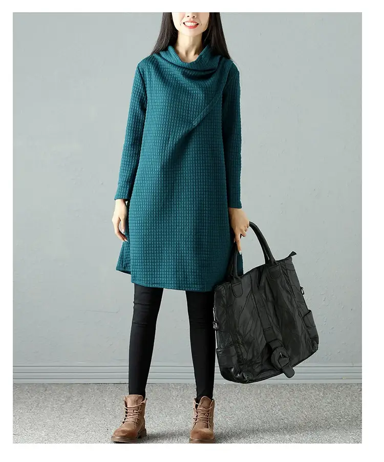 2024 Korean Style Women's Teal Midi Dress with Pile Collar — feature 20