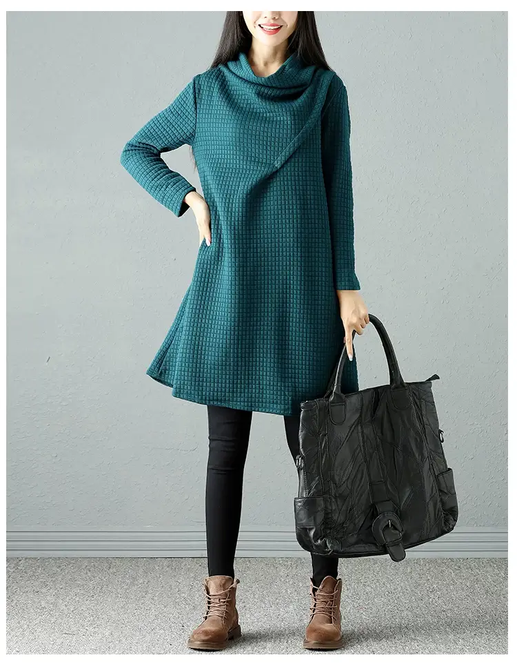 2024 Korean Style Women's Teal Midi Dress with Pile Collar — feature 21