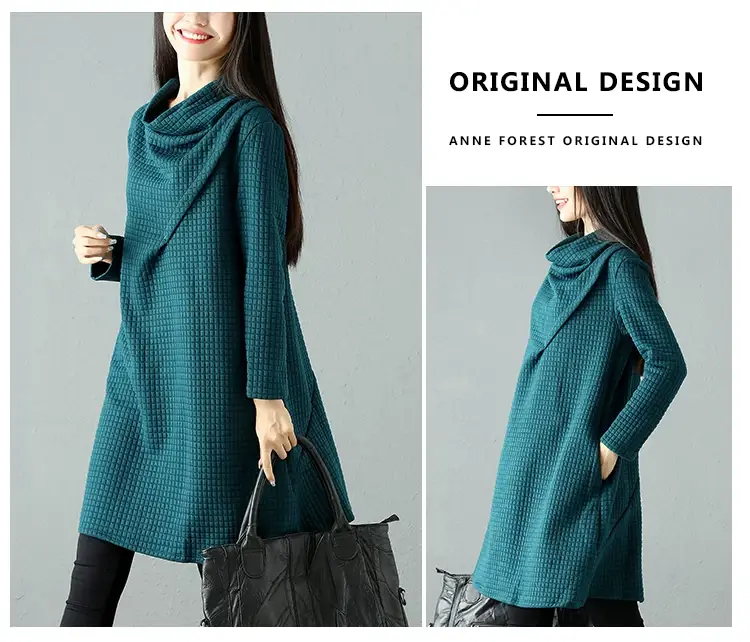 2024 Korean Style Women's Teal Midi Dress with Pile Collar — feature 22