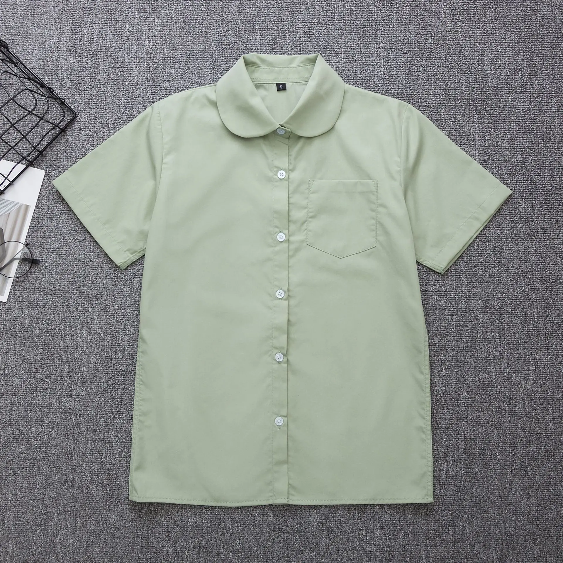 Japanese School Shirt for Boys White Green Bow Short Sleeve - Image 4