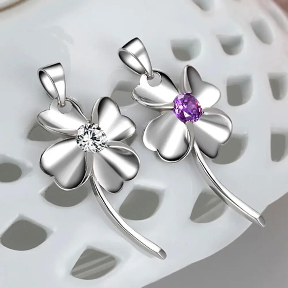 Korean Style Leaf Necklace with Purple Crystal Silver Plated - Image 4