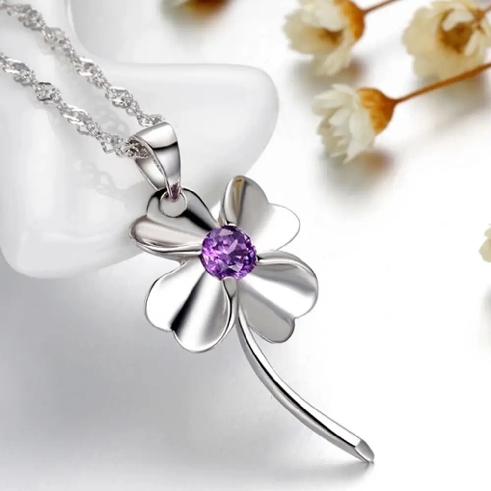 Korean Style Leaf Necklace with Purple Crystal Silver Plated - Image 2