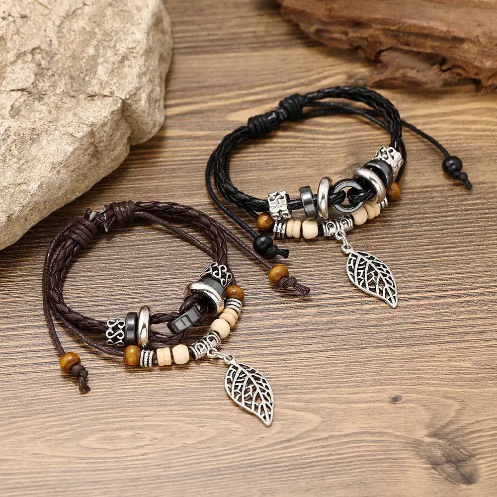 Vintage European Cowhide Bracelet with Leaf Pendant - Image 3