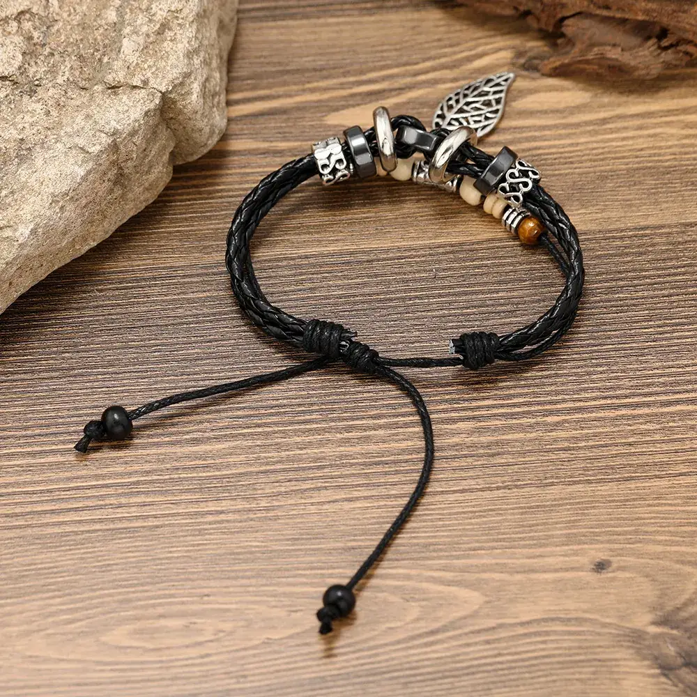 Vintage European Cowhide Bracelet with Leaf Pendant - Image 4
