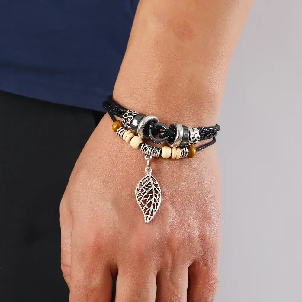 Vintage European Cowhide Bracelet with Leaf Pendant - Image 5