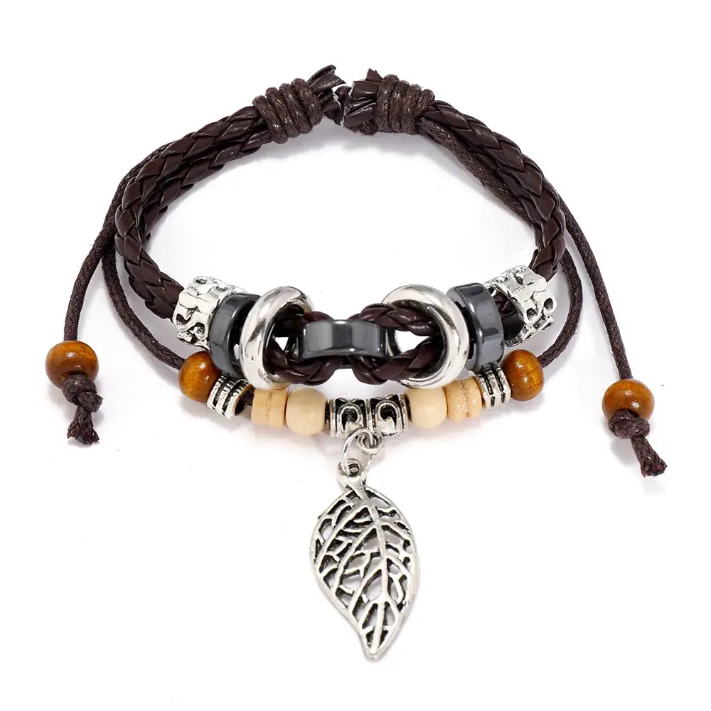 Vintage European Cowhide Bracelet with Leaf Pendant - Image 2