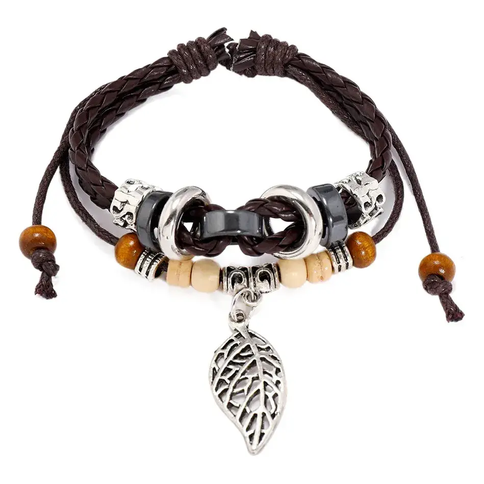 Vintage European Cowhide Bracelet with Leaf Pendant