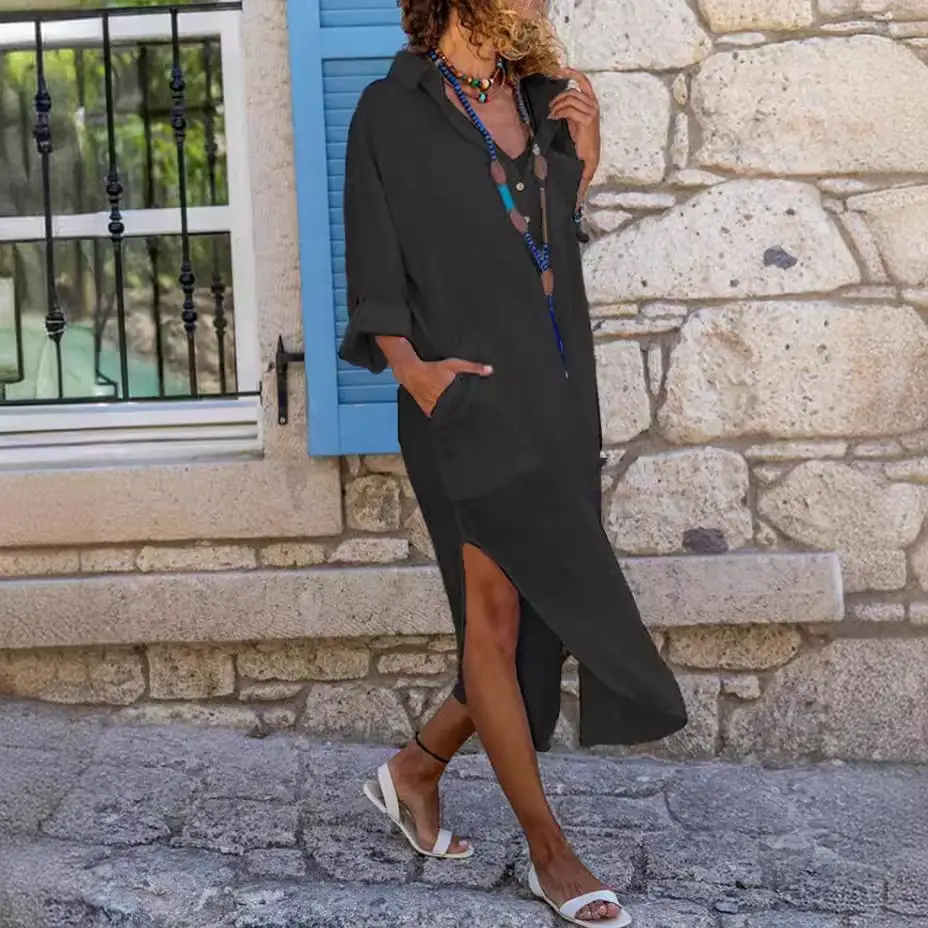 2024 Black Button Split Long Dress Women Cotton Linen