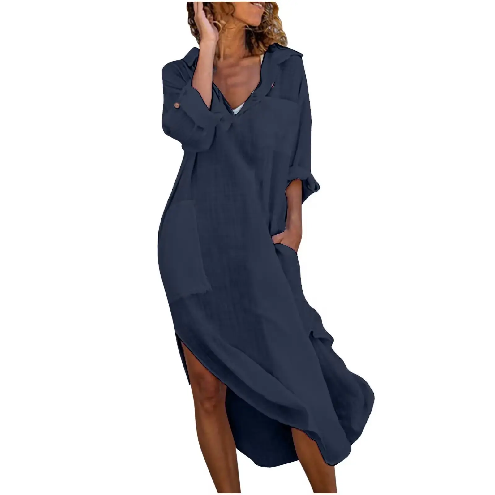 2024 Black Button Split Long Dress Women Cotton Linen
