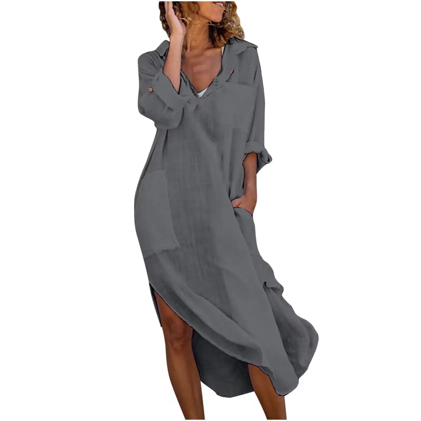 2024 Black Button Split Long Dress Women Cotton Linen