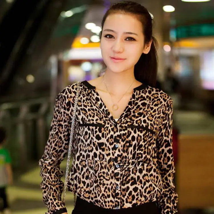 Leopard Print Chiffon Women's V-Neck Shirt - Image 3