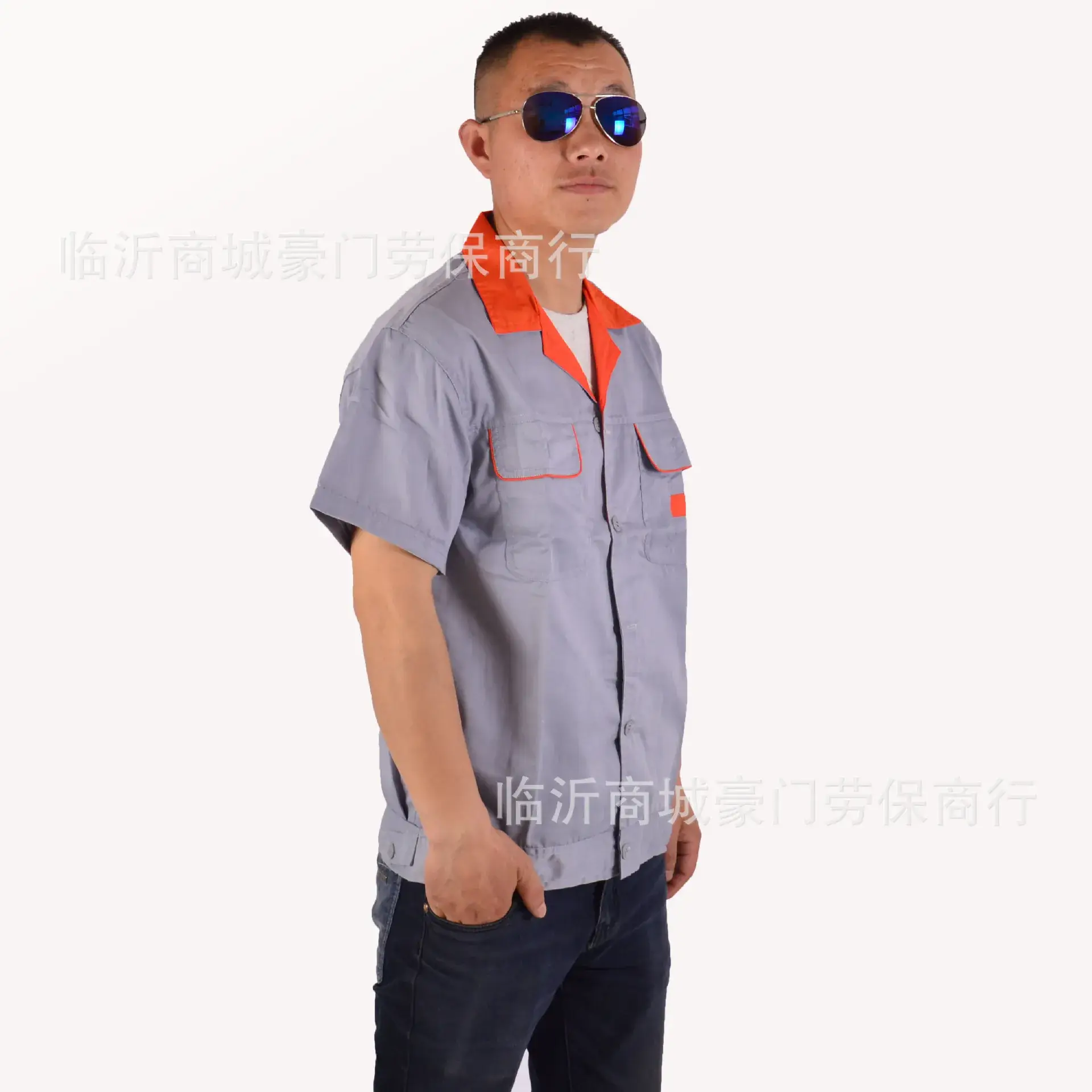 Summer Short Sleeve Coat Gray Orange Collar Fine Twill - Image 2