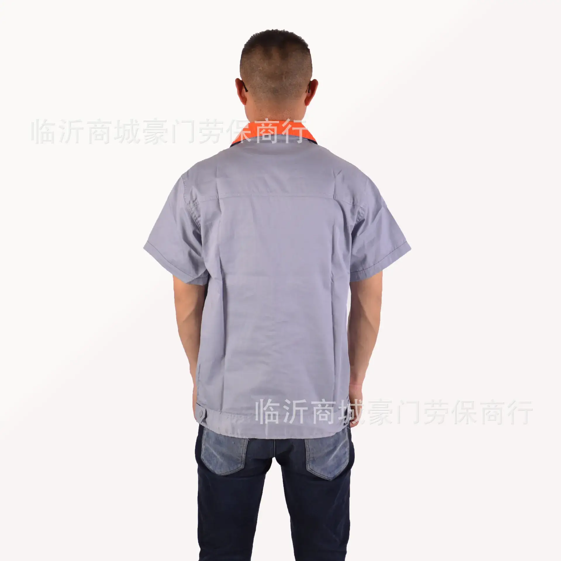 Summer Short Sleeve Coat Gray Orange Collar Fine Twill - Image 3