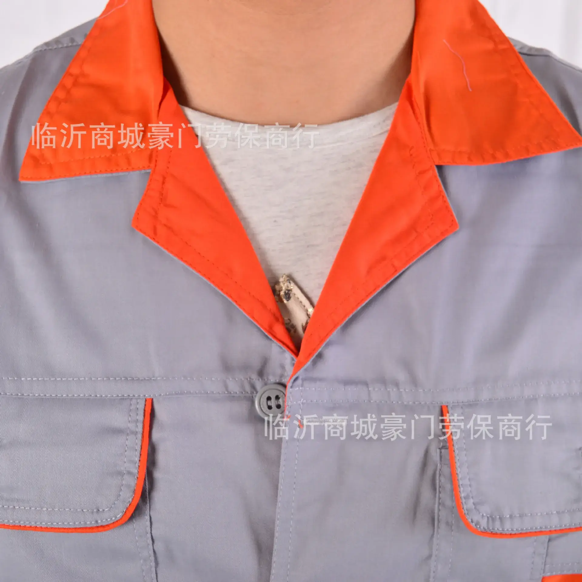 Summer Short Sleeve Coat Gray Orange Collar Fine Twill - Image 4