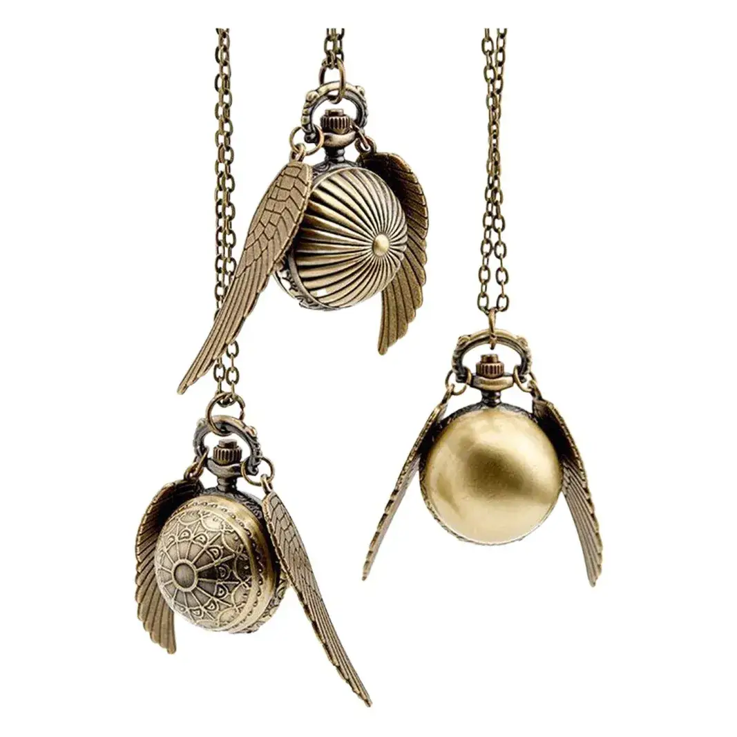 Harry Potter Bronze Pocket Watch Necklace with Feather Tassels