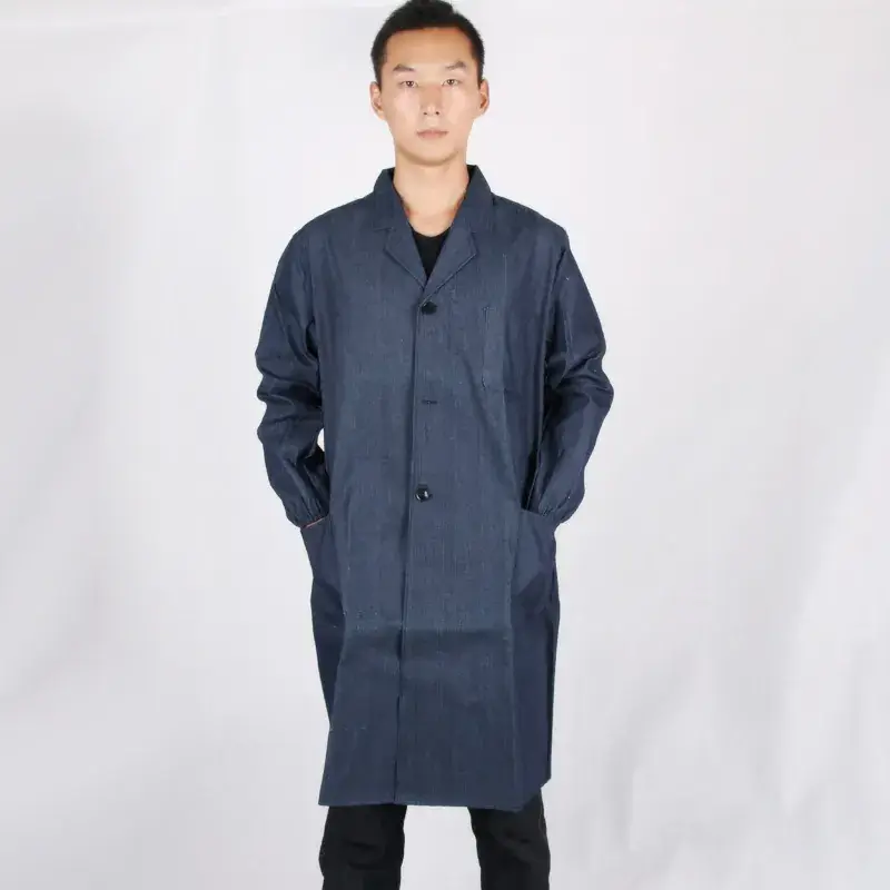 Men Navy Denim Coat with Embroidery Workwear Gown - Image 3