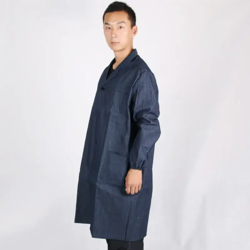 Men Navy Denim Coat with Embroidery Workwear Gown - Image 5