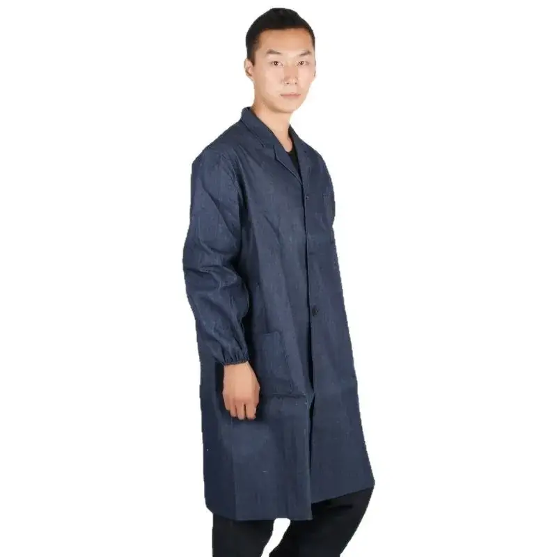 Men Navy Denim Coat with Embroidery Workwear Gown - Image 6