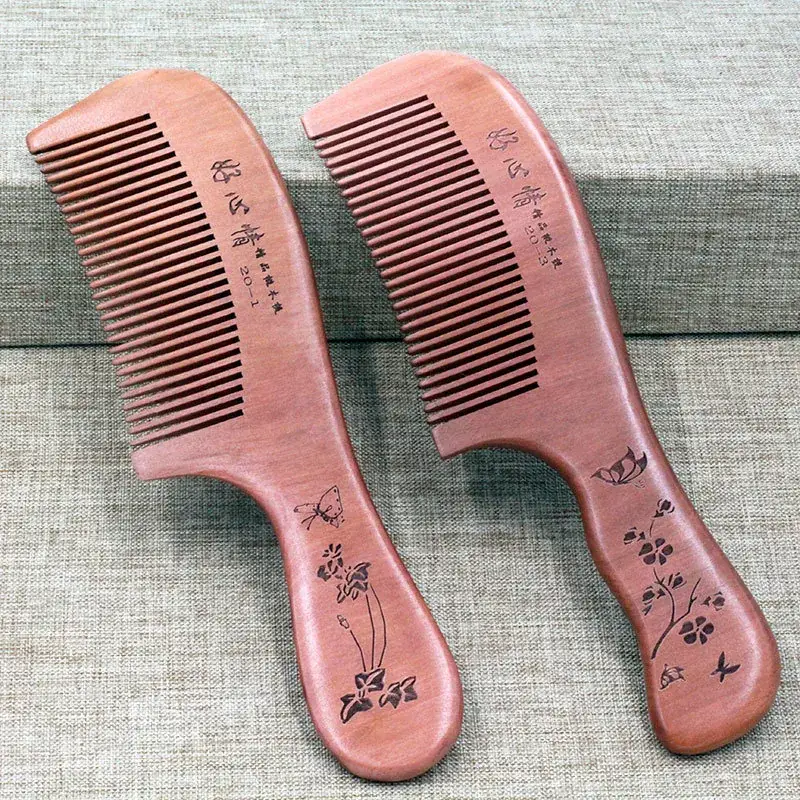 Peach Wood Laser-Engraved Hair Comb with Handle