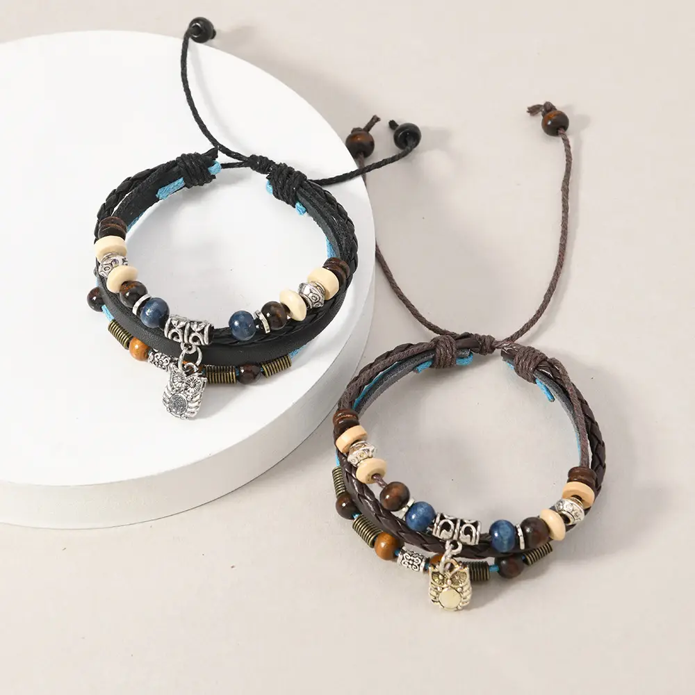 Adjustable Leather Bracelet with Owl Pendant & Cowhide Beads - Image 4