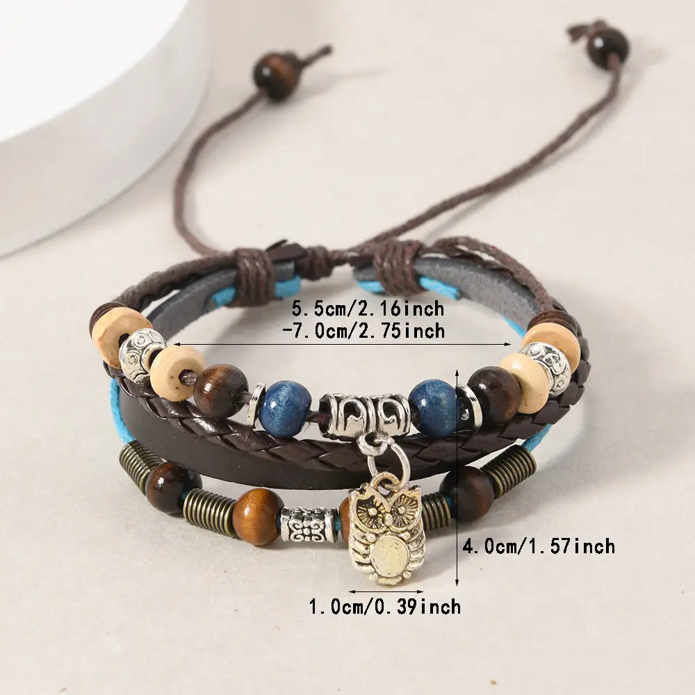 Adjustable Leather Bracelet with Owl Pendant & Cowhide Beads - Image 5