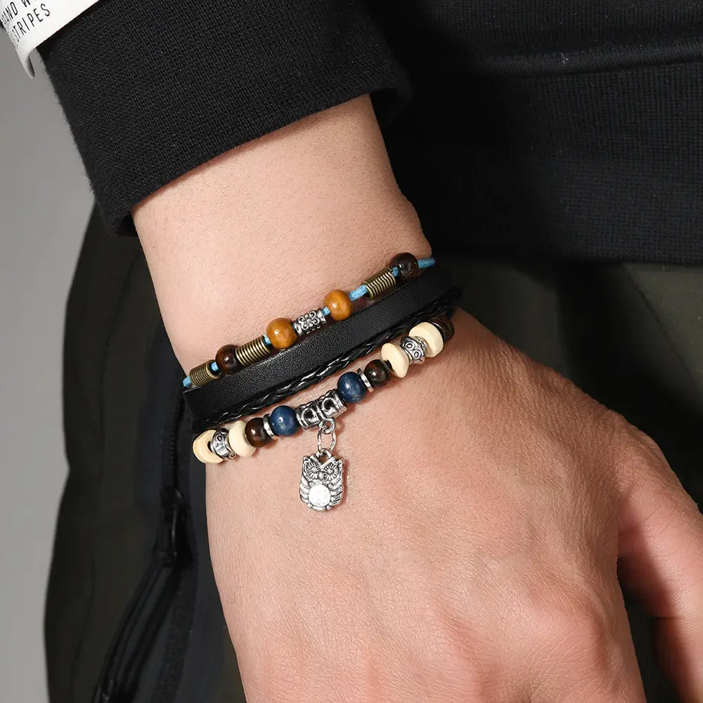 Adjustable Leather Bracelet with Owl Pendant & Cowhide Beads - Image 6