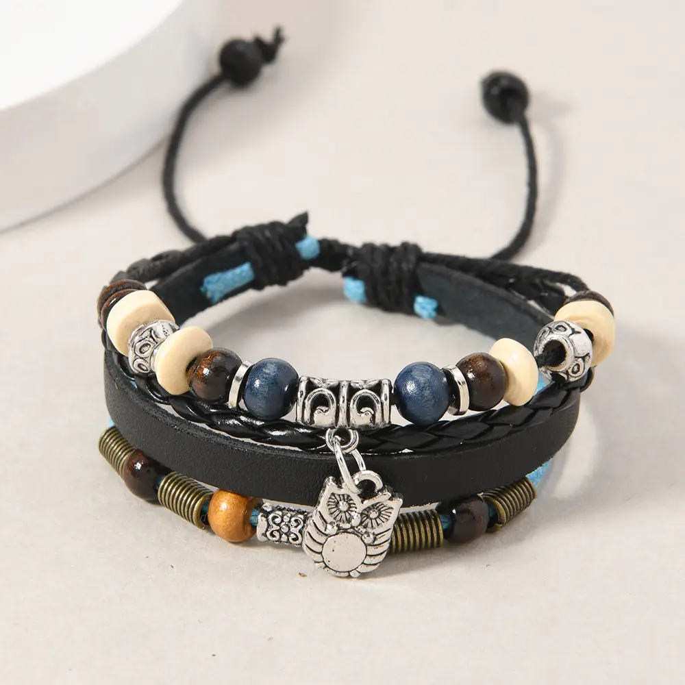 Adjustable Leather Bracelet with Owl Pendant & Cowhide Beads — feature 11