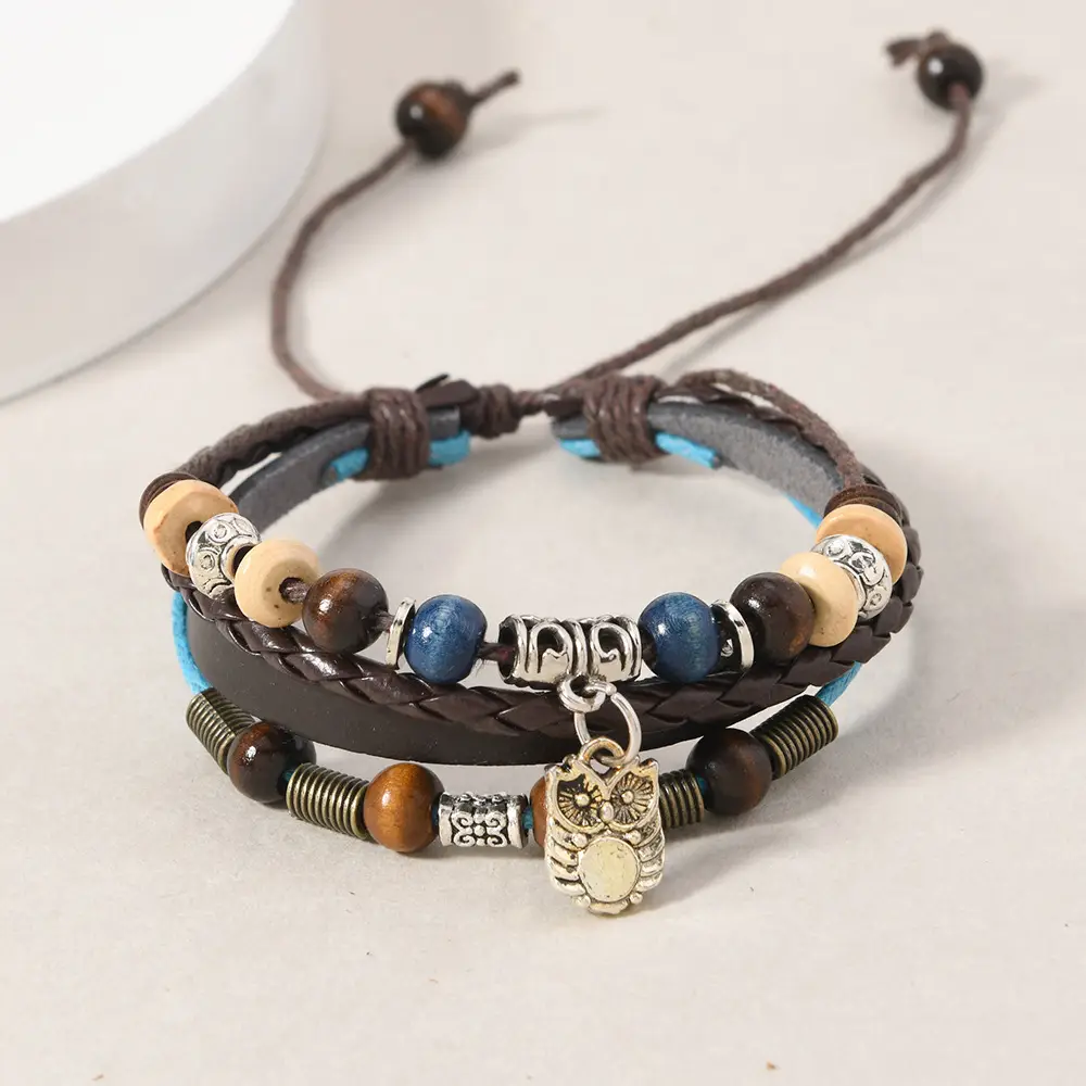 Adjustable Leather Bracelet with Owl Pendant & Cowhide Beads — feature 13